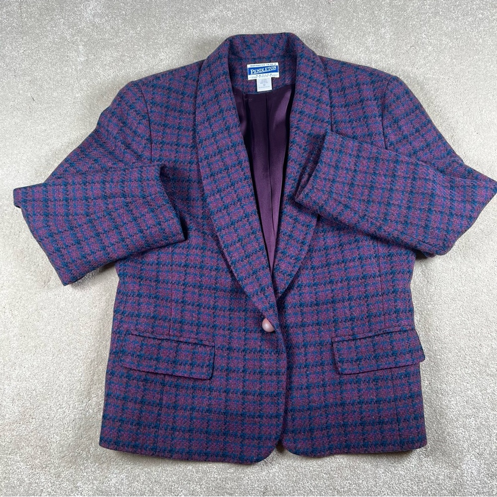 Pendleton Vintage Blazer 100% Wool Purple Plaid‎ Made in USA Women's 12 Petite